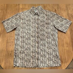 Neutral Hawaiian Print Button Front, Beige, Blue, Brown, Men’s S, Made in Hawaii